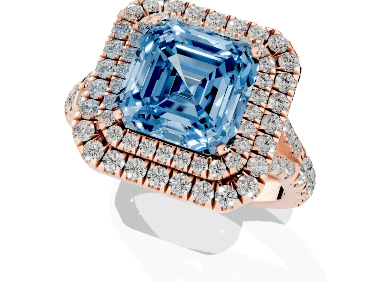 Fancy Blue Asscher Cut Cut Double Halo Split Shank Diamond Ring with Prong Setting Rose gold