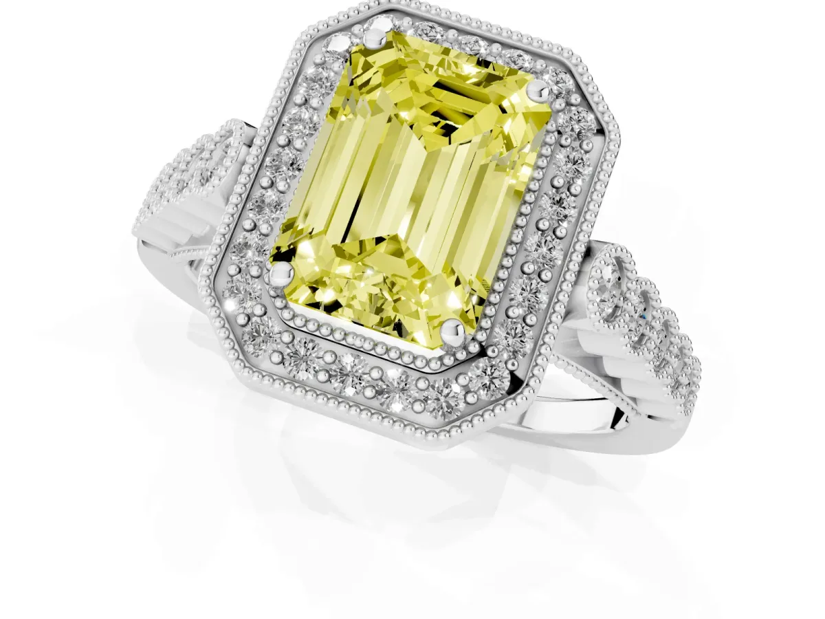 Fancy Yellow Emerald Cut Halo Milgrain Solitaire with Bezel Set Side Stones and Pave Band Silver