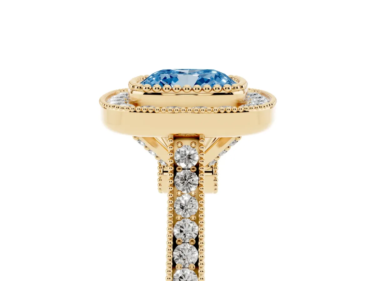 Fancy Blue Cushion Cut Diamond Halo Ring with Milgrain Frame and Pavé Band Yellow gold