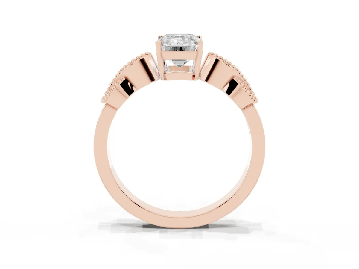Emerald Cut Solitaire Milgrain Leaf Band with Prong Setting Rose gold