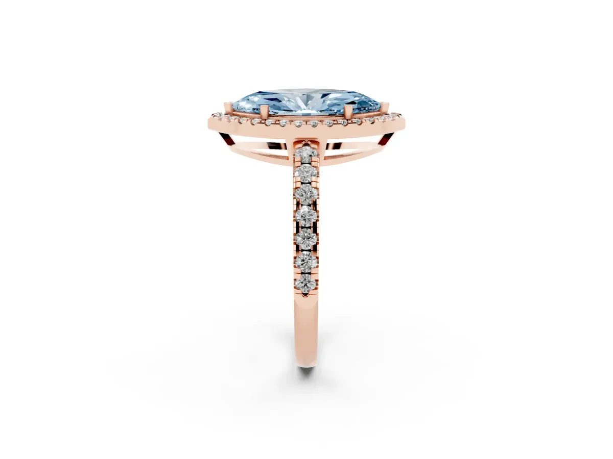 Fancy Blue Marquise Cut Diamond Halo Ring with Pavé Band and Four-Prong Setting Rose gold