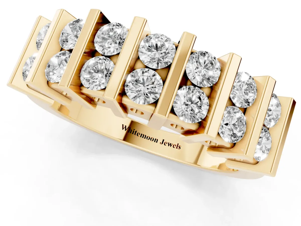 Channel Set Round Diamond Step Band with Bar Prong Setting Yellow gold