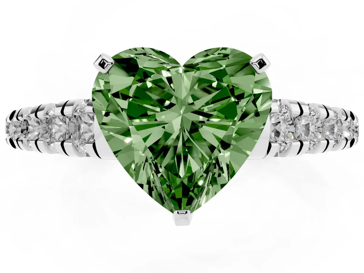 Fancy Green Heart Cut Diamond Cathedral Solitaire Ring with Round Pavé Band Silver
