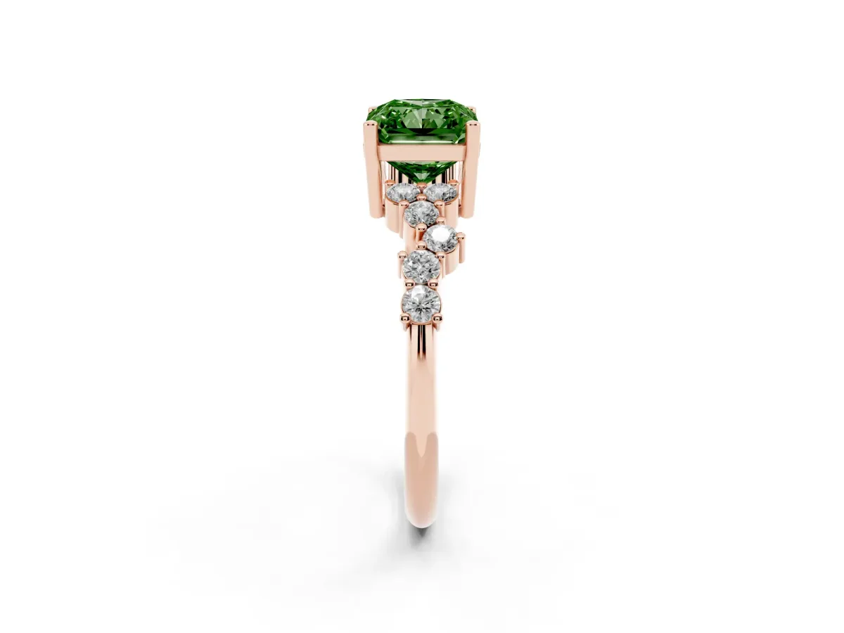 Fancy Green Radiant Cut Diamond Scattered Round Accent Ring with Prong Setting Rose gold