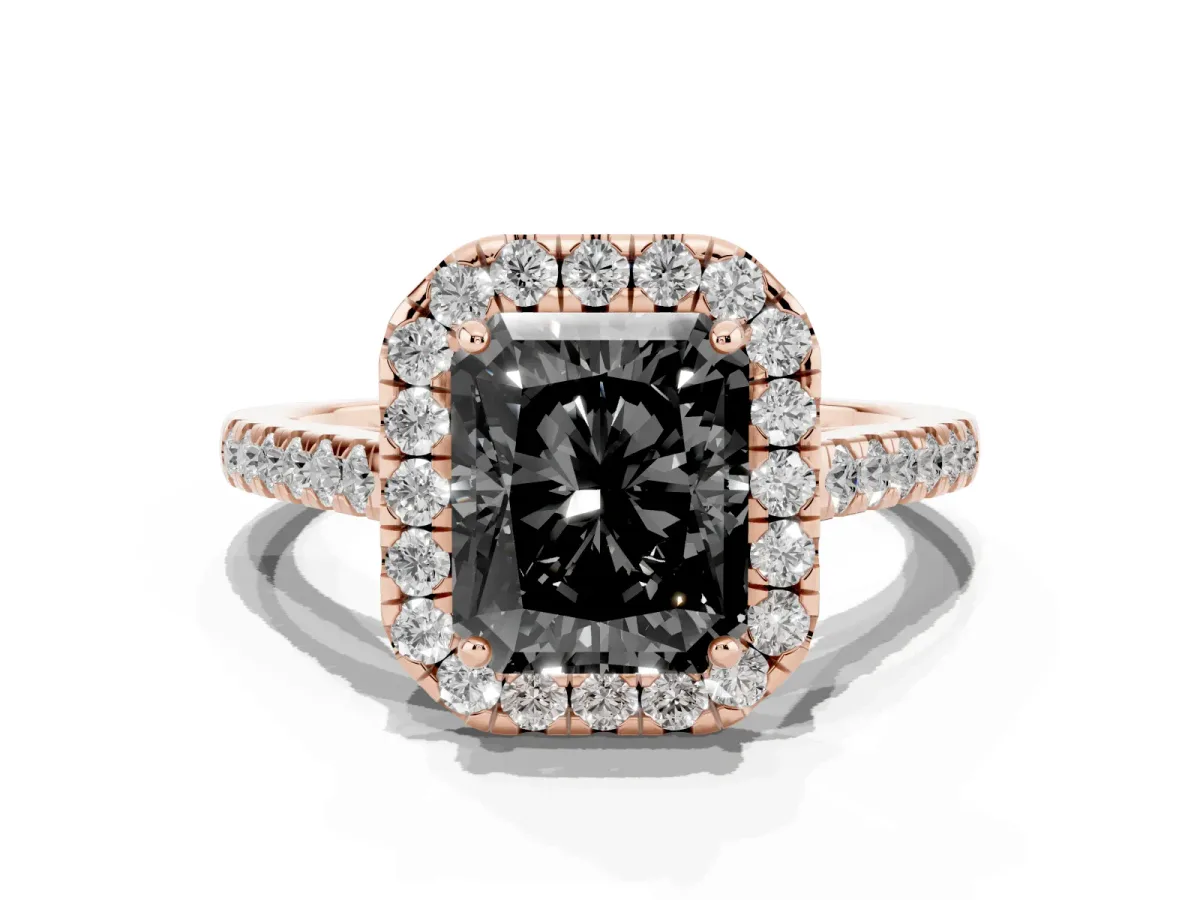 Fancy Black Radiant Cut Halo Pave Diamond Engagement Ring with Four-Prong Setting Rose gold