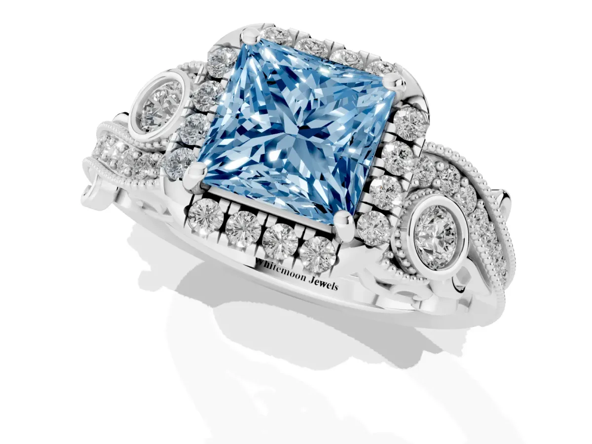 Fancy Blue Princess Cut Diamond Halo Ring with Milgrain Pavé Band and Four-Prong Setting White gold
