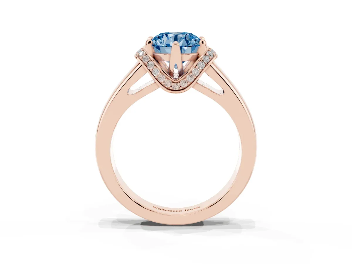 Fancy Blue Round Cut Solitaire Diamond Ring with Pave Band and Six-Prong Setting Rose gold