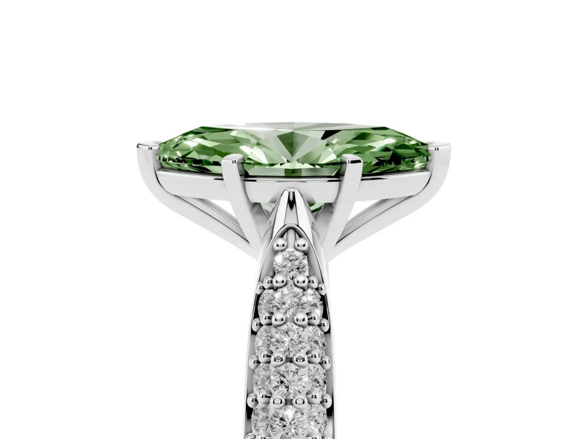 Fancy Green Marquise Cut Diamond Solitaire Engagement Ring with Multi-Row Round Pavé Band and Prong Setting Silver