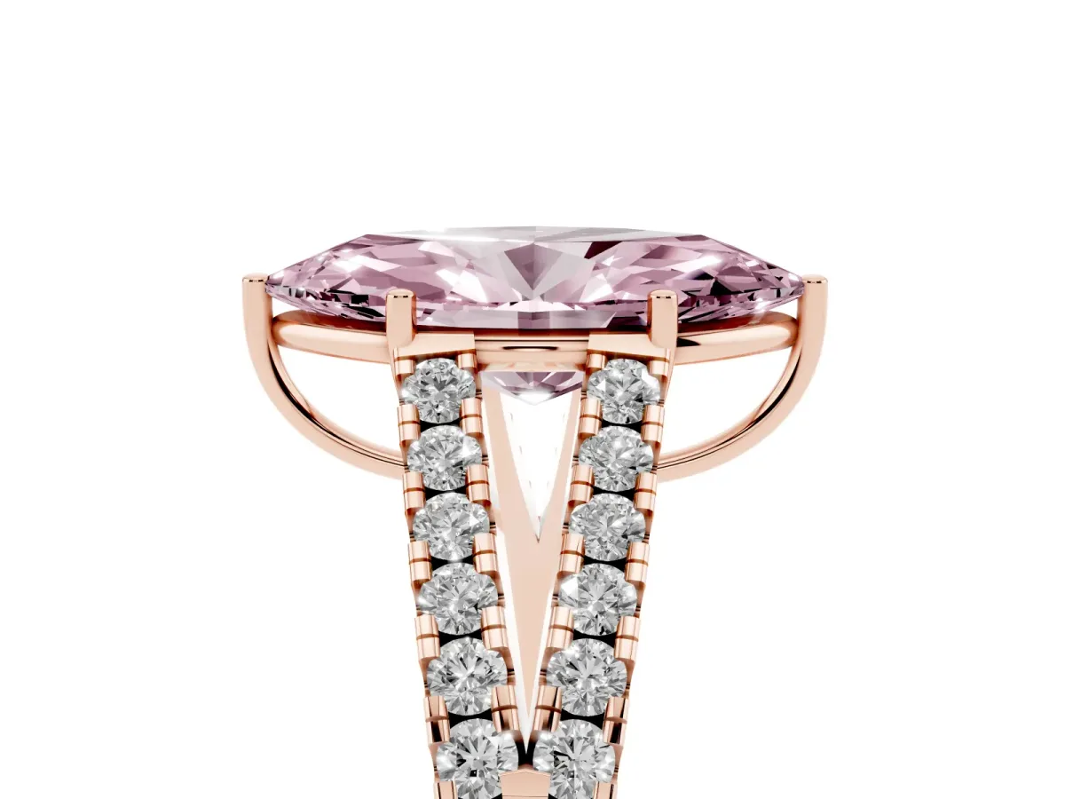 Fancy Pink Marquise Cut Diamond Split Shank Engagement Ring with Round Pavé and Prong Setting Rose gold