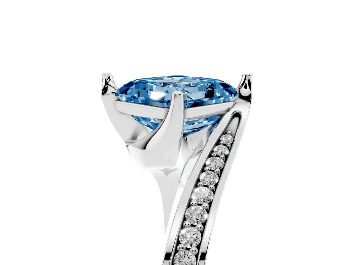 Fancy Blue Asscher Cut Solitaire Diamond Twist Band with Pavé Setting and Four-Prong Setting Platinum