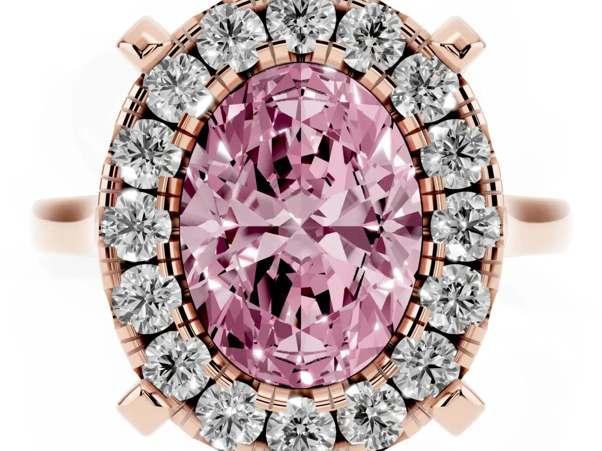 Fancy Pink Oval Cut Diamond Cluster Halo Solitaire with Four-Prong Setting Rose gold