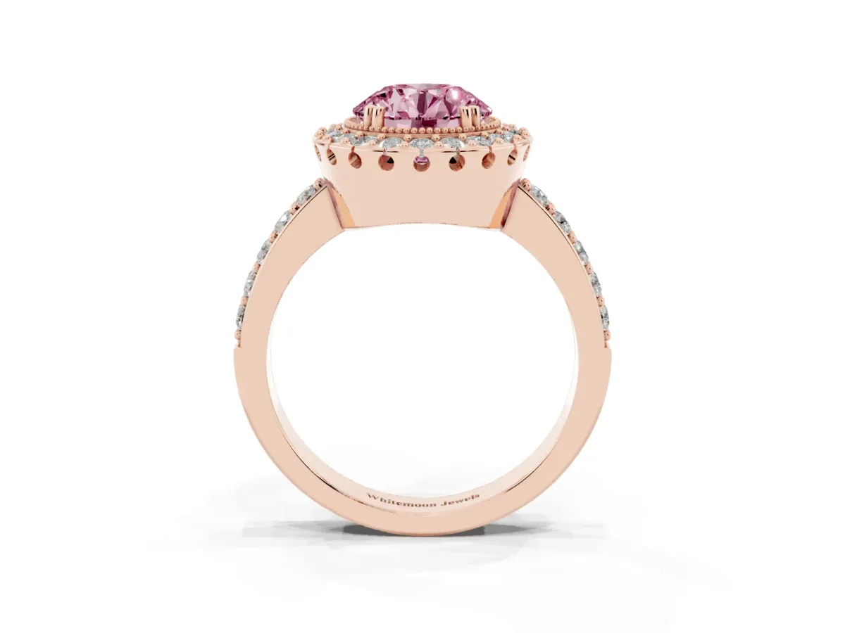 Fancy Pink Round Cut Diamond Halo Ring with Pavé Band and Prong Setting Rose gold
