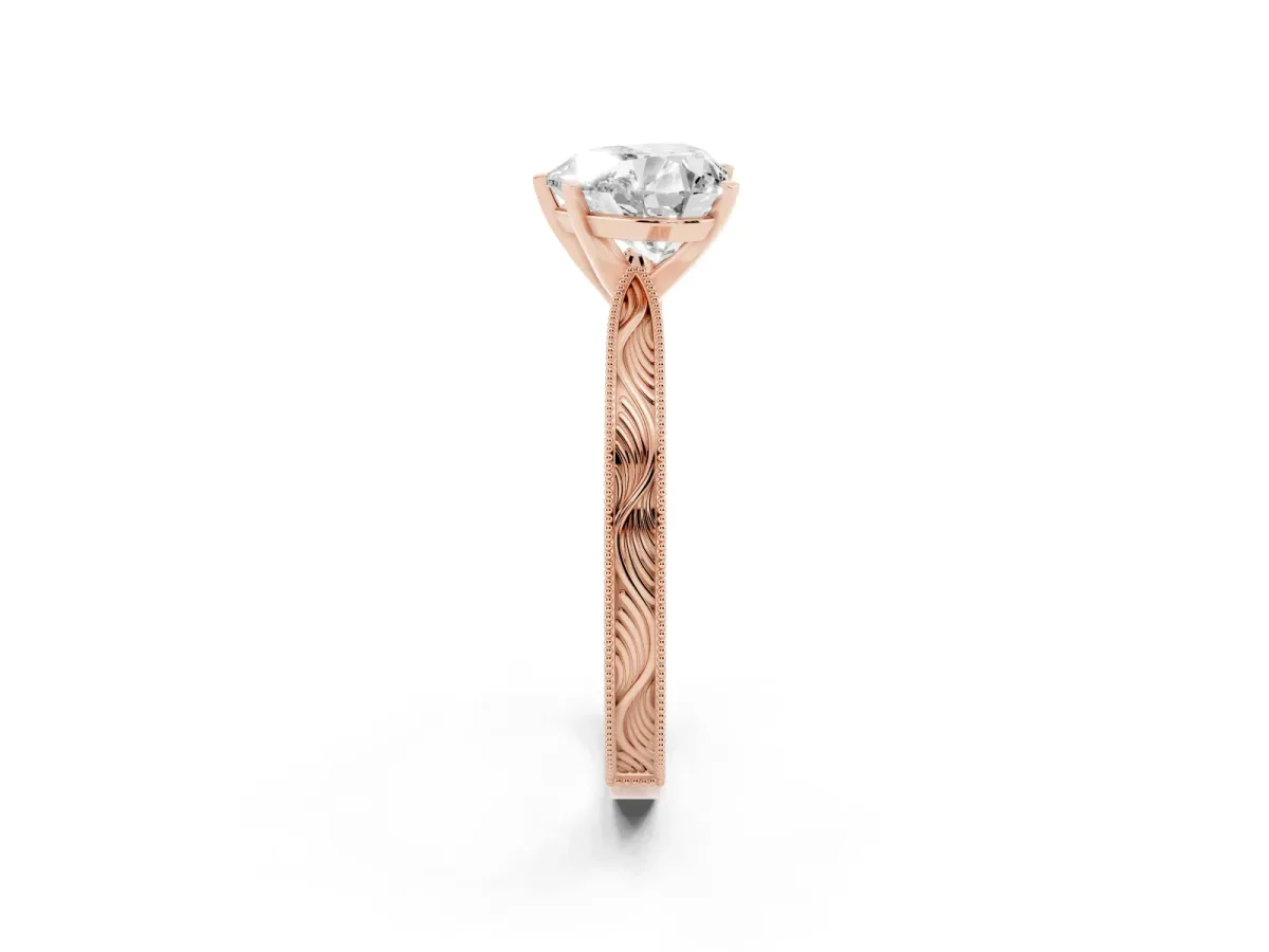 Heart Cut Solitaire Milgrain Engraved Band with Four-Prong Setting Rose gold