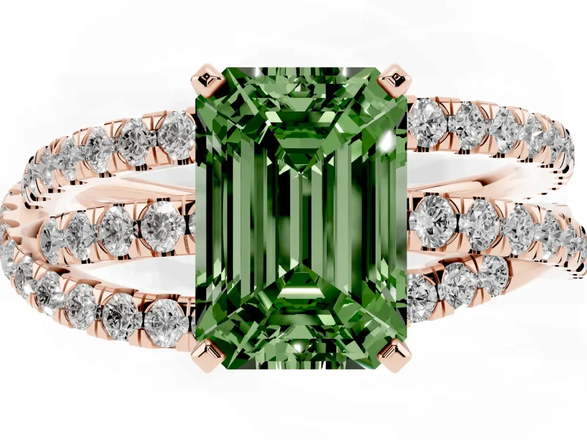 Fancy Green Emerald Cut Solitaire Twist Band with Pavé Setting and Four-Prong Setting Rose gold