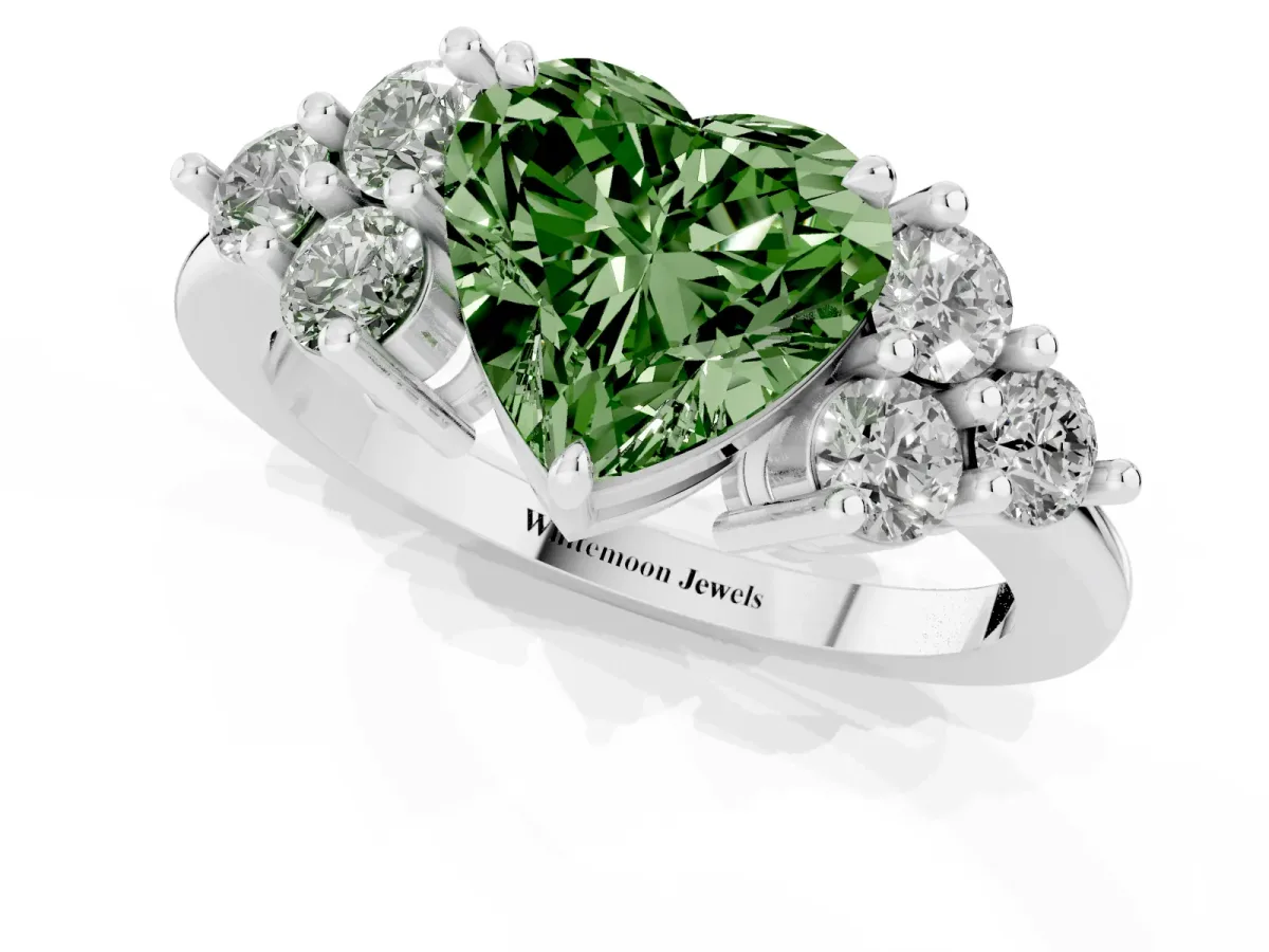 Fancy Green Heart Cut Brilliant Diamond Cluster Accent Solitaire Ring with Prong Setting Silver