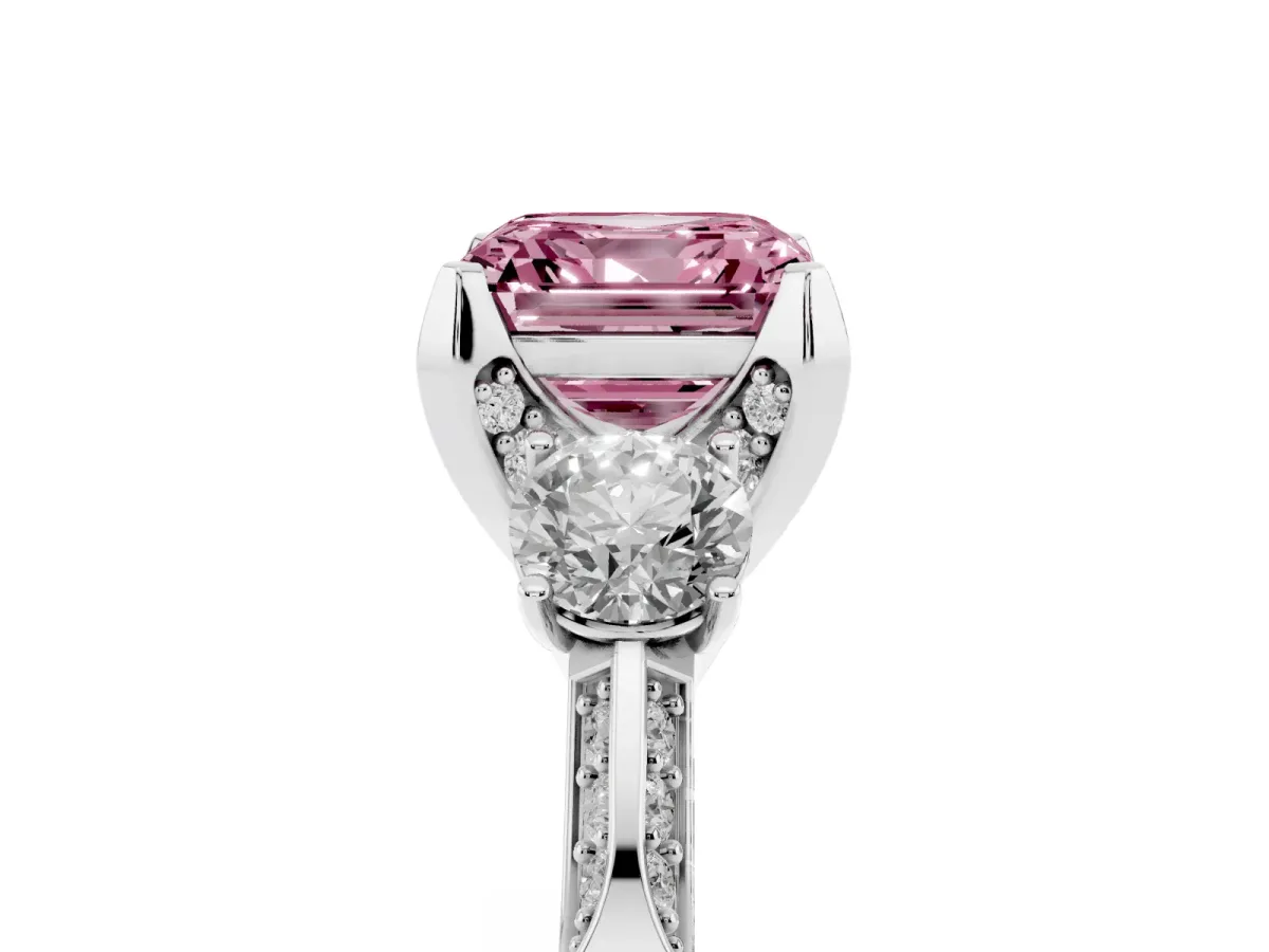 Fancy Pink Asscher Cut Brilliant Three-Stone Diamond Ring with Pavé Band and Four-Prong Setting Platinum