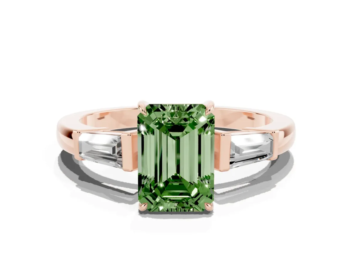 Fancy Green Emerald Cut Diamond Three-Stone Ring with Tapered Baguette Side Stones and Prong Setting Rose gold