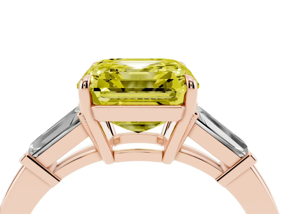 Fancy Yellow Asscher Cut Diamond Three-Stone Ring with Tapered Baguette Side Stones and Prong Setting Rose gold