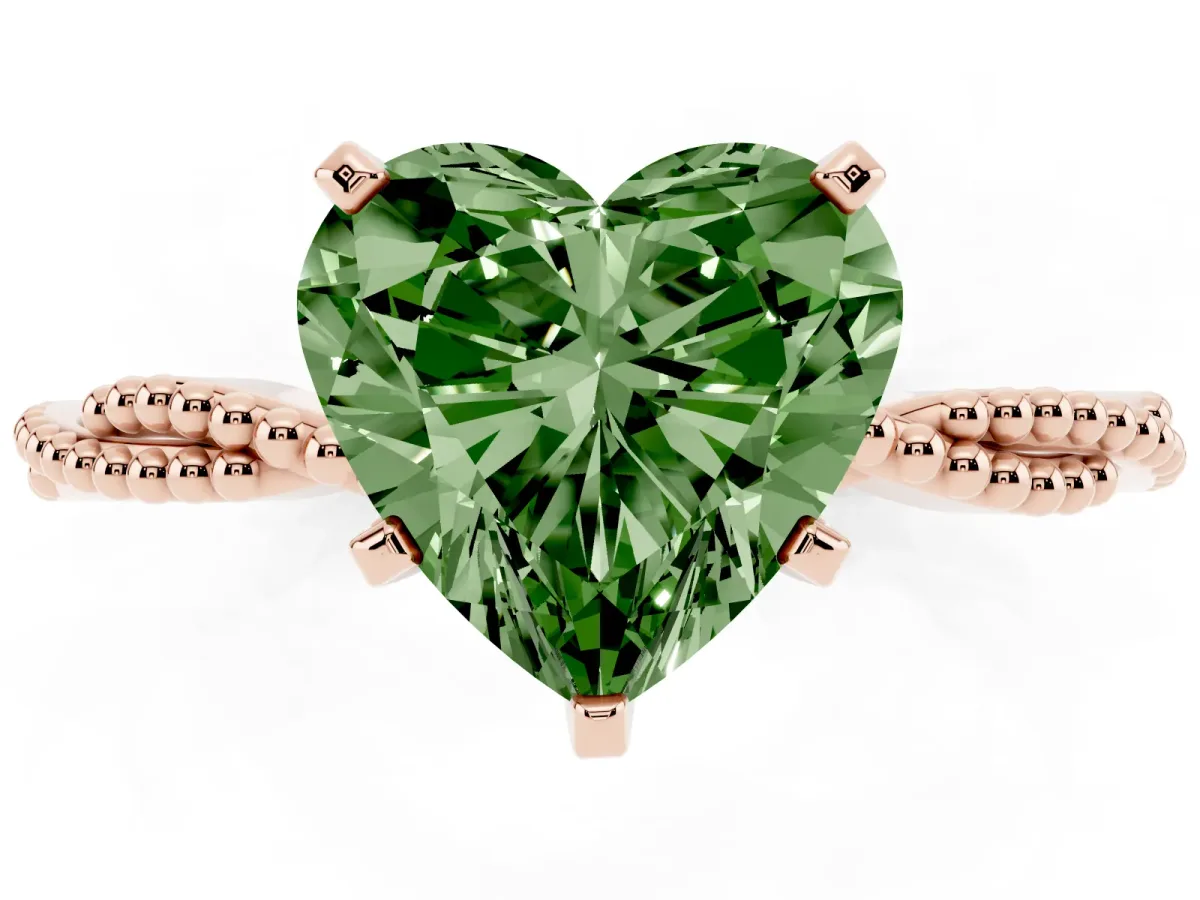 Fancy Green Heart Cut Solitaire Twisted Band with Bead Prong Setting Rose gold