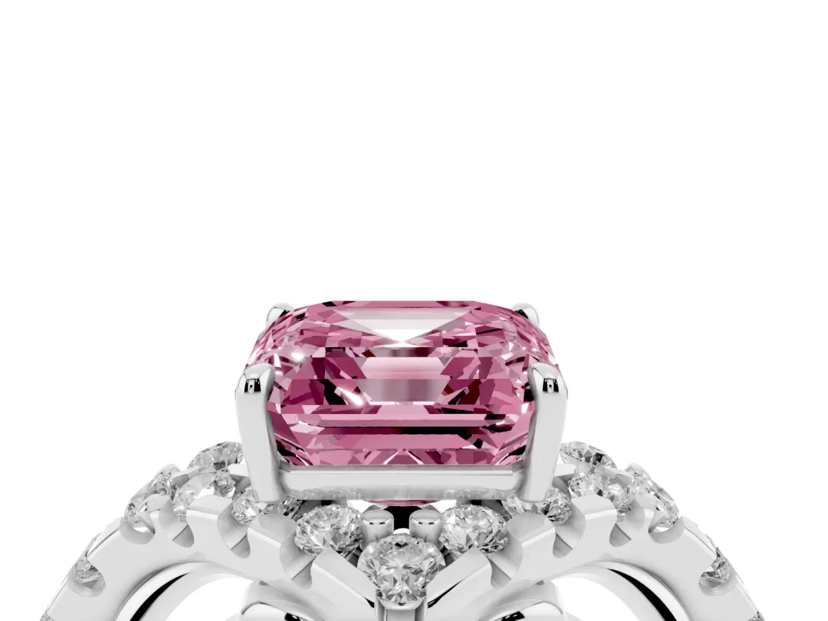 Fancy Pink Asscher Cut Diamond Solitaire Ring with Hidden Halo and Pavé Band Platinum