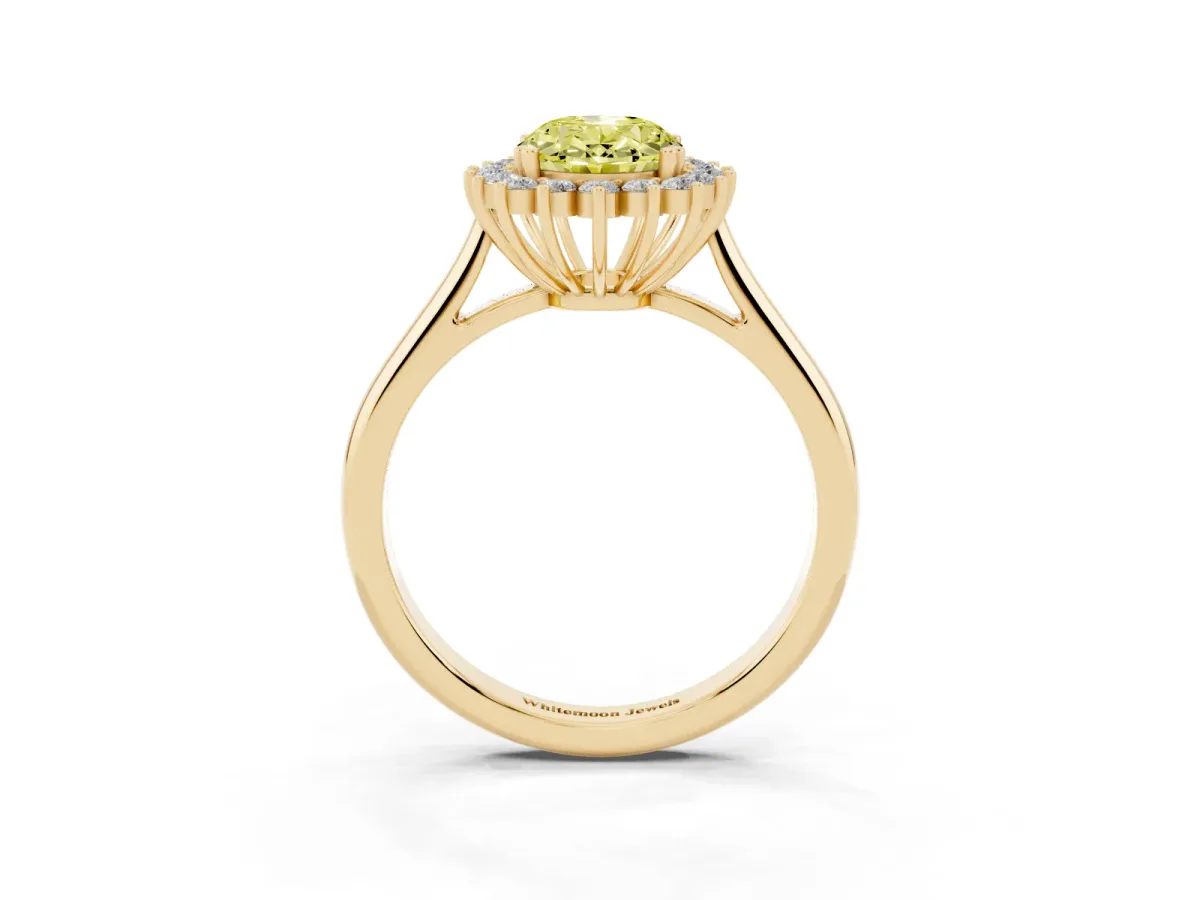 Fancy Yellow Oval Cut Cut Diamond Halo Ring with Solitaire Band and Prong Setting Yellow gold