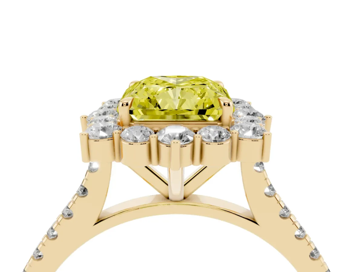 Fancy Yellow Radiant Cut Halo Diamond Ring with Pavé Band and Prong Setting Yellow gold