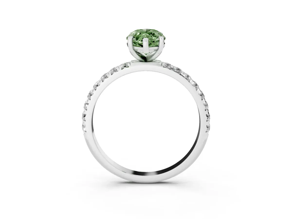 Fancy Green Marquise Cut Cut Diamond Solitaire Ring with Micro Pave Band and Four Prong Setting Silver