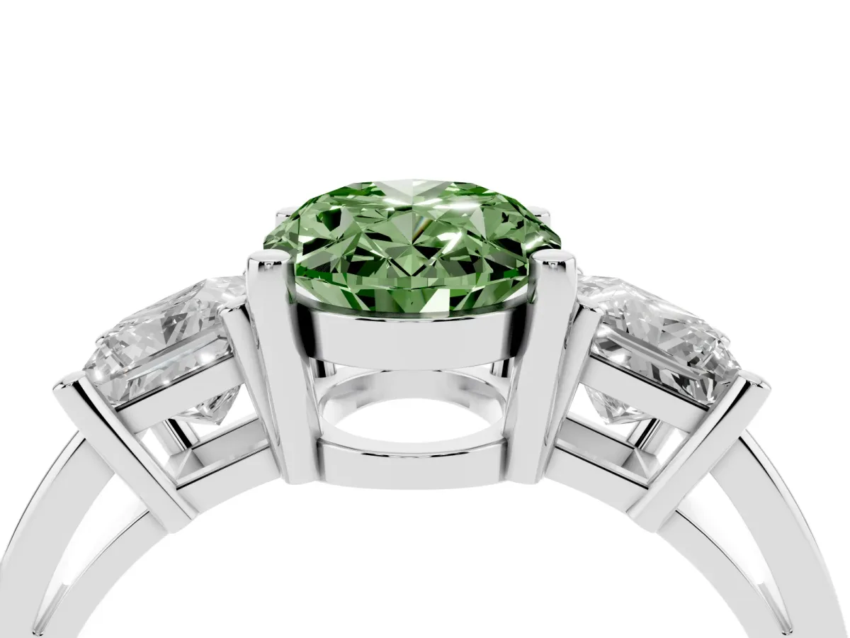 Fancy Green Three-Stone Oval Cut Cut Solitaire Ring with Prong Setting Platinum