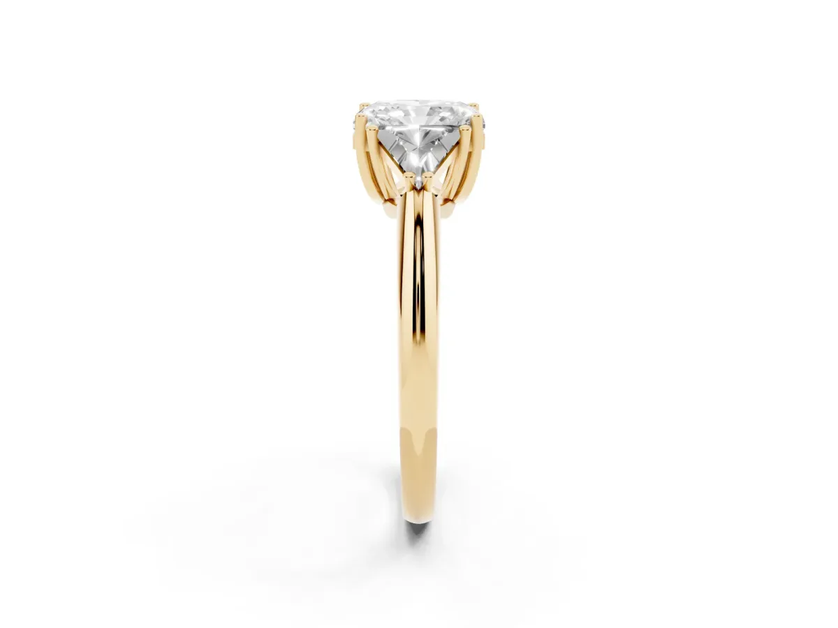 Three-Stone Radiant Cut Diamond Engagement Ring with Trillion Side Stones and Prong Setting Yellow gold