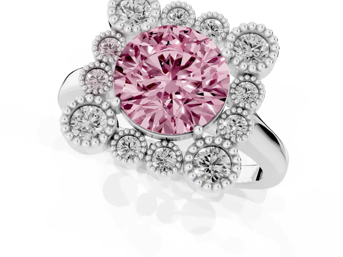 Fancy Pink Round Cut Halo Diamond Cluster Engagement Ring with Milgrain Bezel Setting and Solitaire Band Platinum