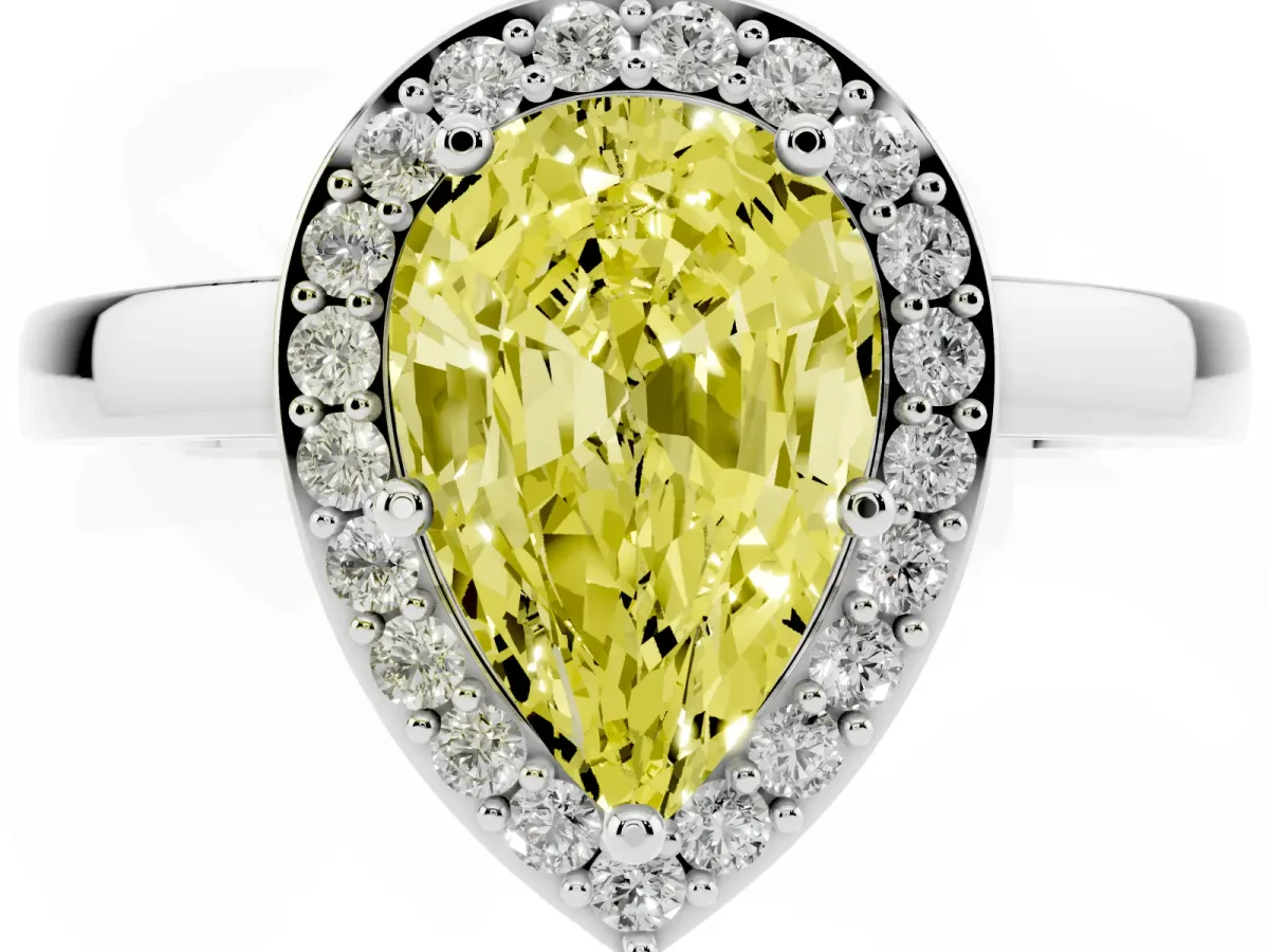 Fancy Yellow Pear Cut Halo Diamond Ring with Solitaire Band and Prong Setting Silver