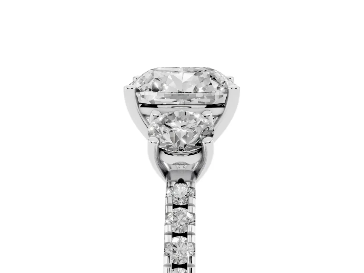 Three-Stone Cushion Cut Cut Diamond Pavé Band with Prong Setting White gold