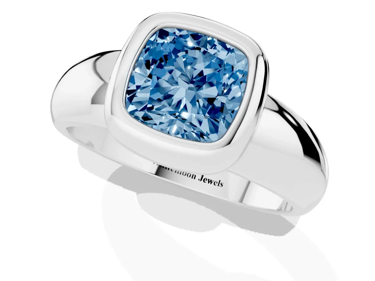 Fancy Blue Bezel Set Cushion Cut Solitaire Ring with Wide Band Silver