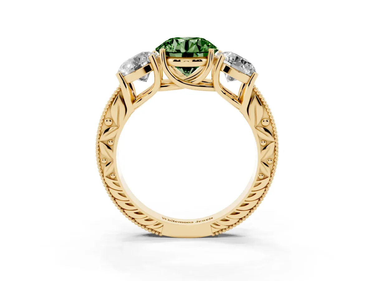 Fancy Green Three-Stone Round Cut Cut Milgrain Pavé Engagement Ring Yellow gold