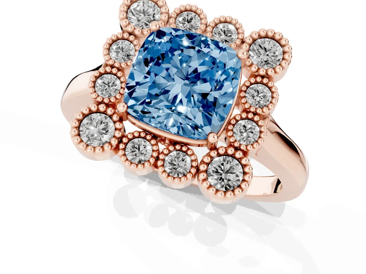 Fancy Blue Cushion Cut Halo Diamond Cluster Engagement Ring with Milgrain Bezel Setting and Solitaire Band Rose gold