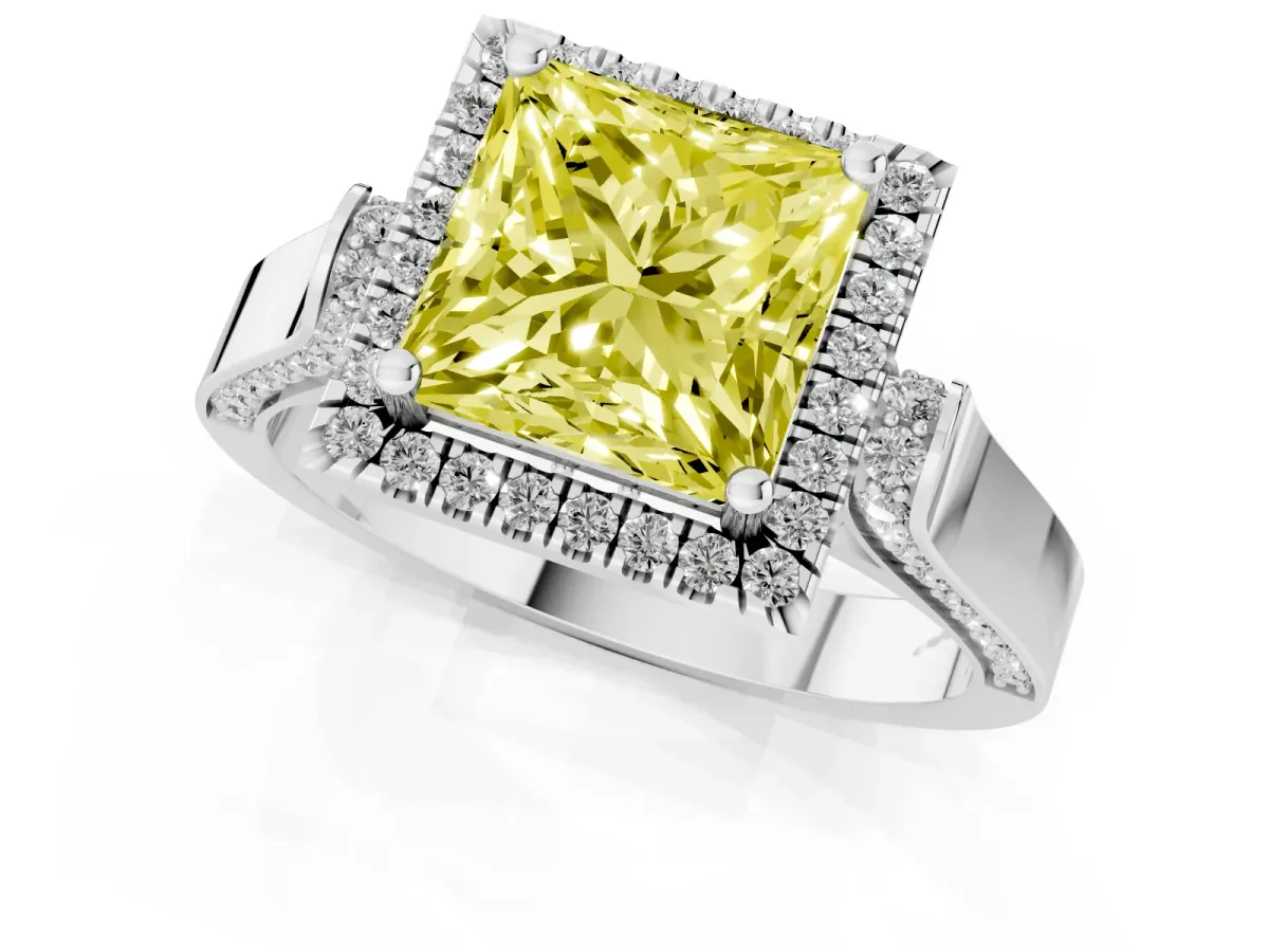 Fancy Yellow Princess Cut Halo Round Diamond Twist Band with Four-Prong Setting White gold