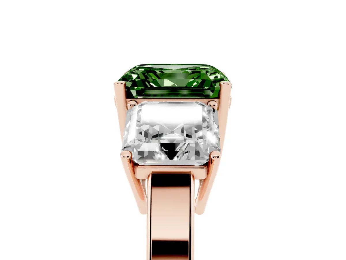 Fancy Green Three-Stone Asscher Cut Cut Diamond Engagement Ring with Flat Band and Four-Prong Setting Rose gold