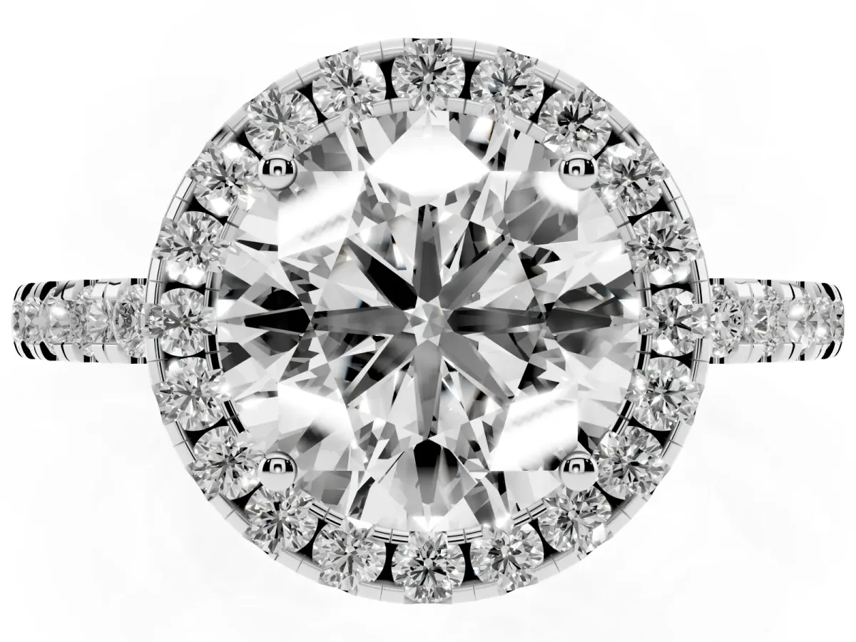 Round Cut Halo Diamond Engagement Ring with Pavé Band and Four-Prong Setting Silver