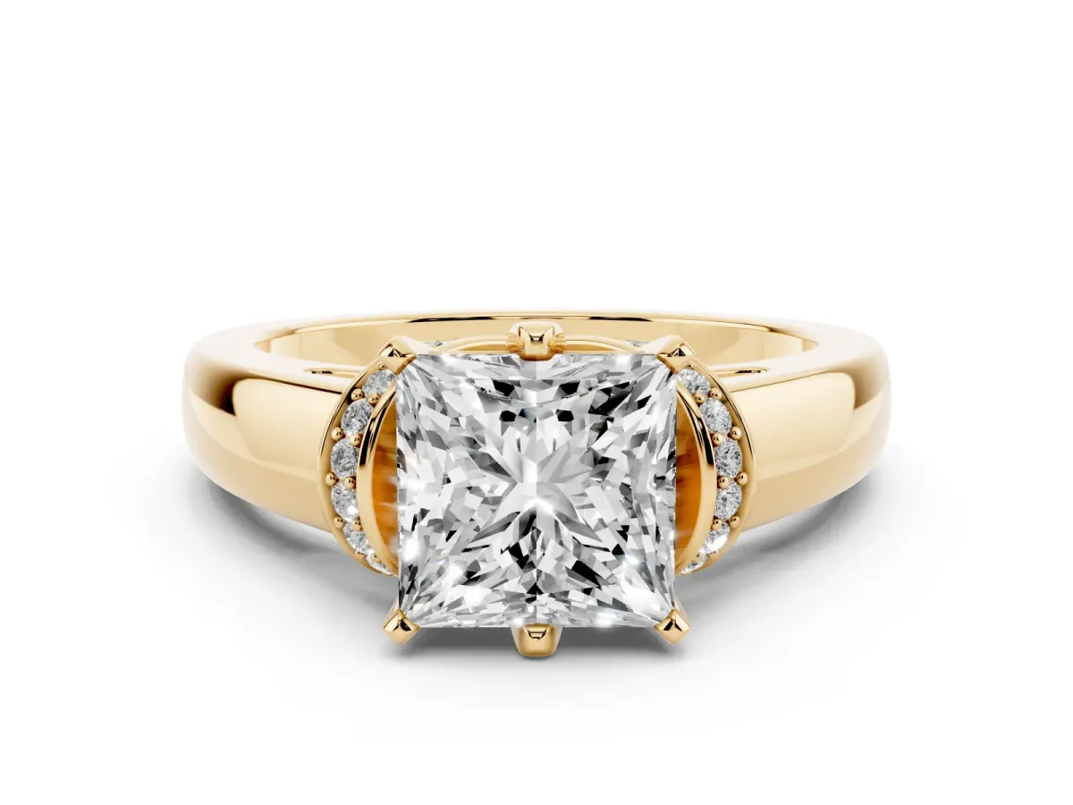 Princess Cut Solitaire Diamond Ring with Pave Band and Six-Prong Setting Yellow gold