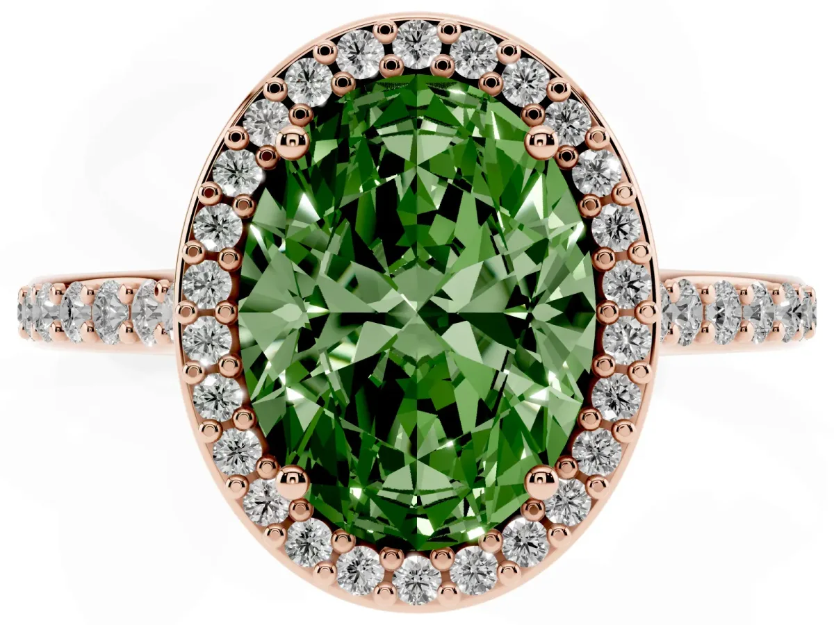 Fancy Green Oval Cut Diamond Halo Engagement Ring with Round Pavé Shoulders and Prong Setting Rose gold