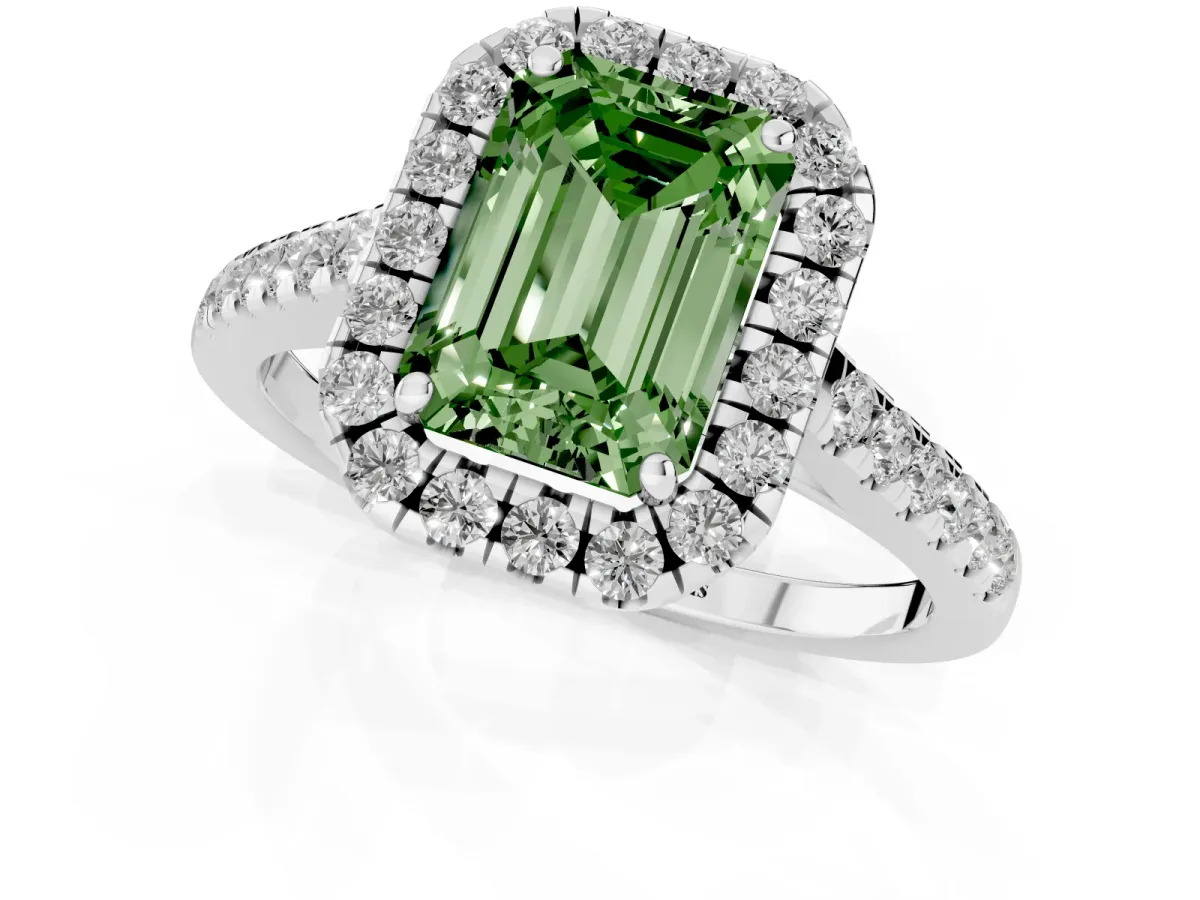 Fancy Green Emerald Cut Halo Pave Diamond Engagement Ring with Four-Prong Setting Silver