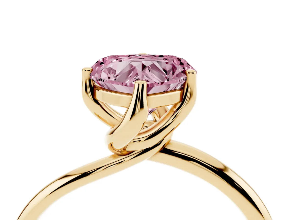 Fancy Pink Heart Cut Diamond Solitaire Engagement Ring with Four-Prong Setting and Classic Band Yellow gold