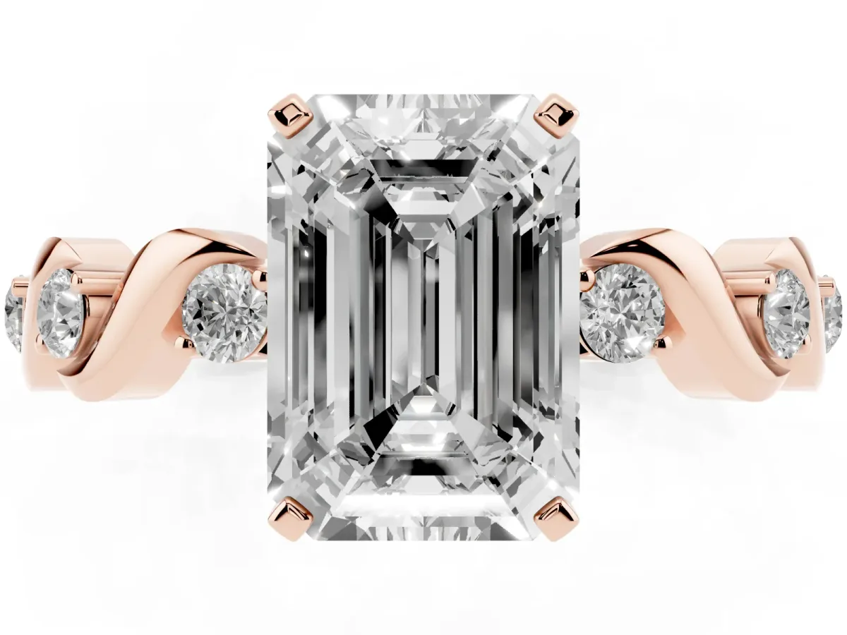 Emerald Cut Diamond Solitaire Twisted Band with Round Accents and Prong Setting Rose gold