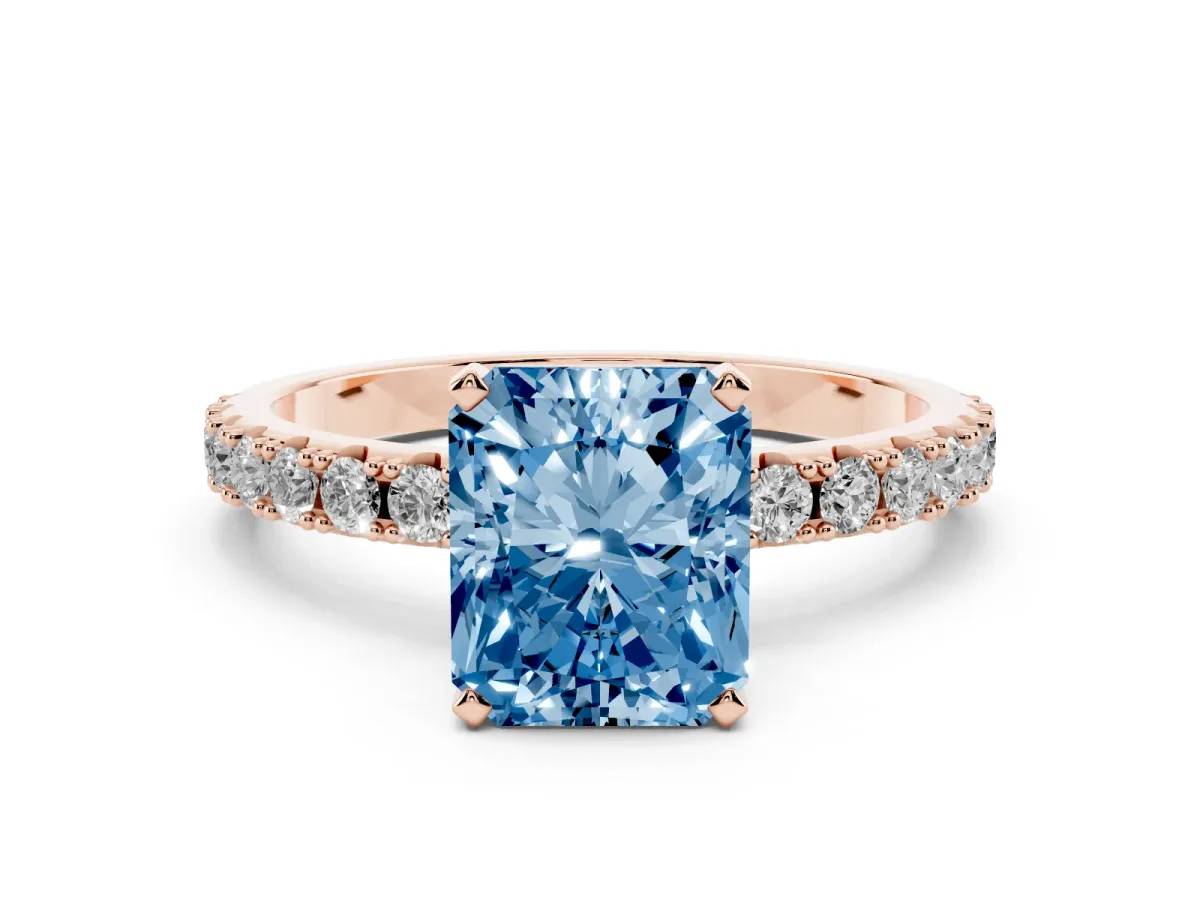 Fancy Blue Radiant Cut Diamond Solitaire Pavé Band with Four-Prong Setting Rose gold