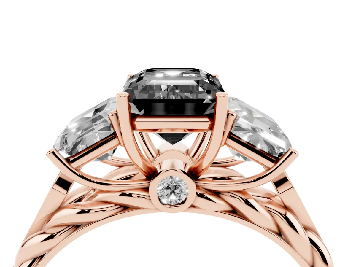 Fancy Black Three-Stone Radiant Cut Diamond Braided Band Ring with Four-Prong Setting Rose gold