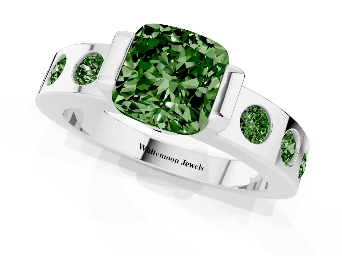 Fancy Green Cushion Cut Brilliant Channel-Set Diamond Ring with Bezel Prong Setting Silver