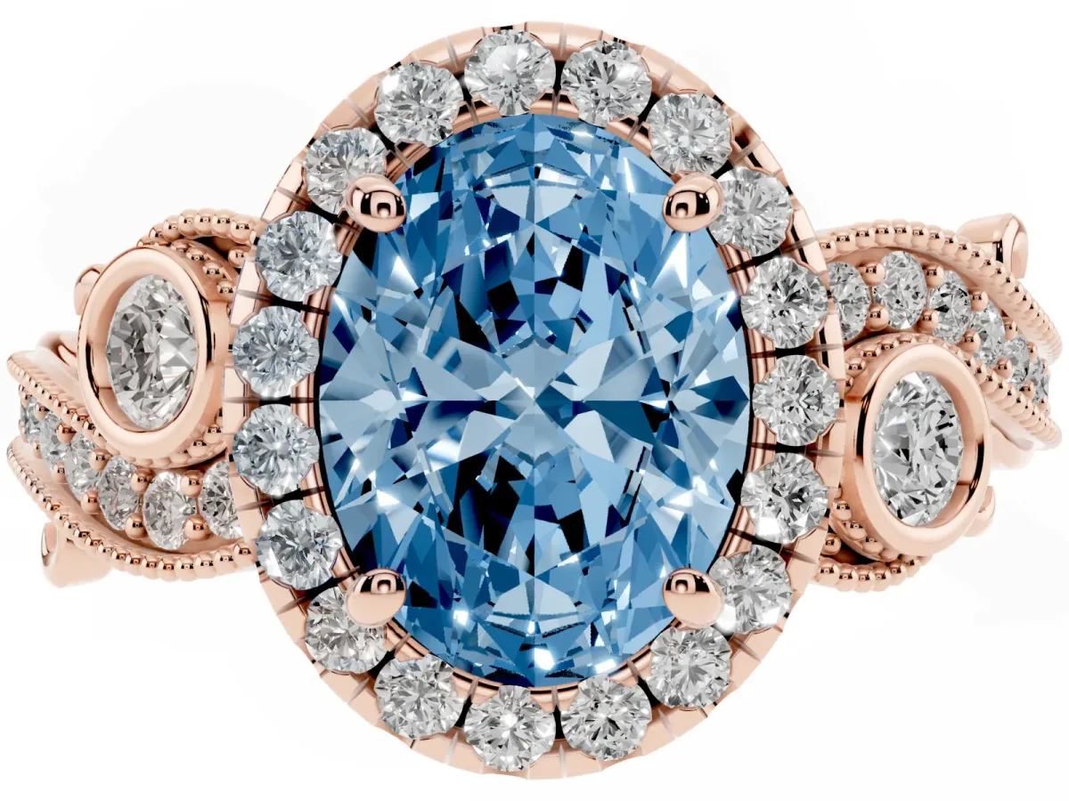 Fancy Blue Oval Cut Halo Diamond Ring with Milgrain and Bezel Accents on a Split Shank Band Rose gold