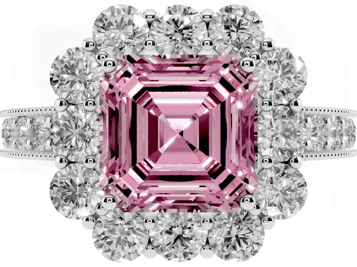 Fancy Pink Asscher Cut Cut Halo Diamond Pavé Engagement Ring with Milgrain Detailing Silver