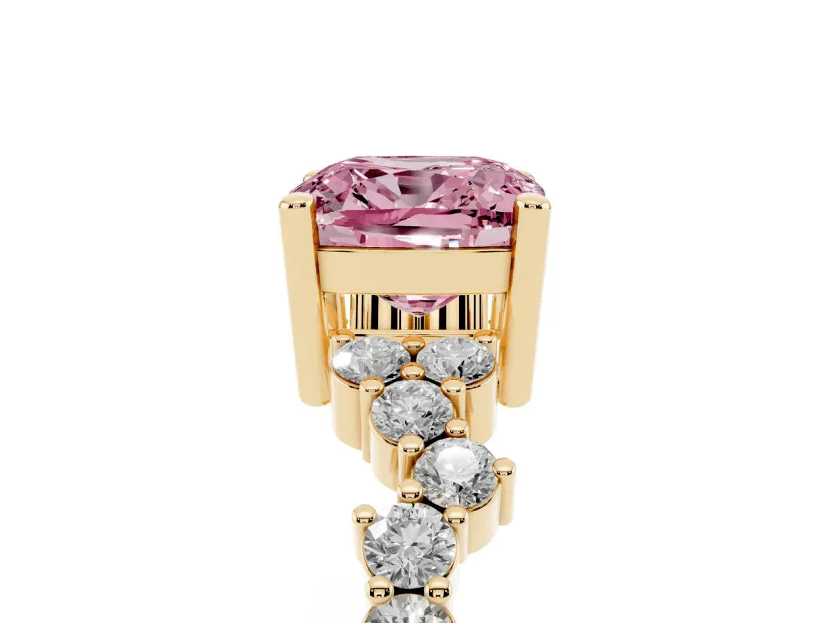 Fancy Pink Cushion Cut Diamond Scattered Round Accent Ring with Prong Setting Yellow gold