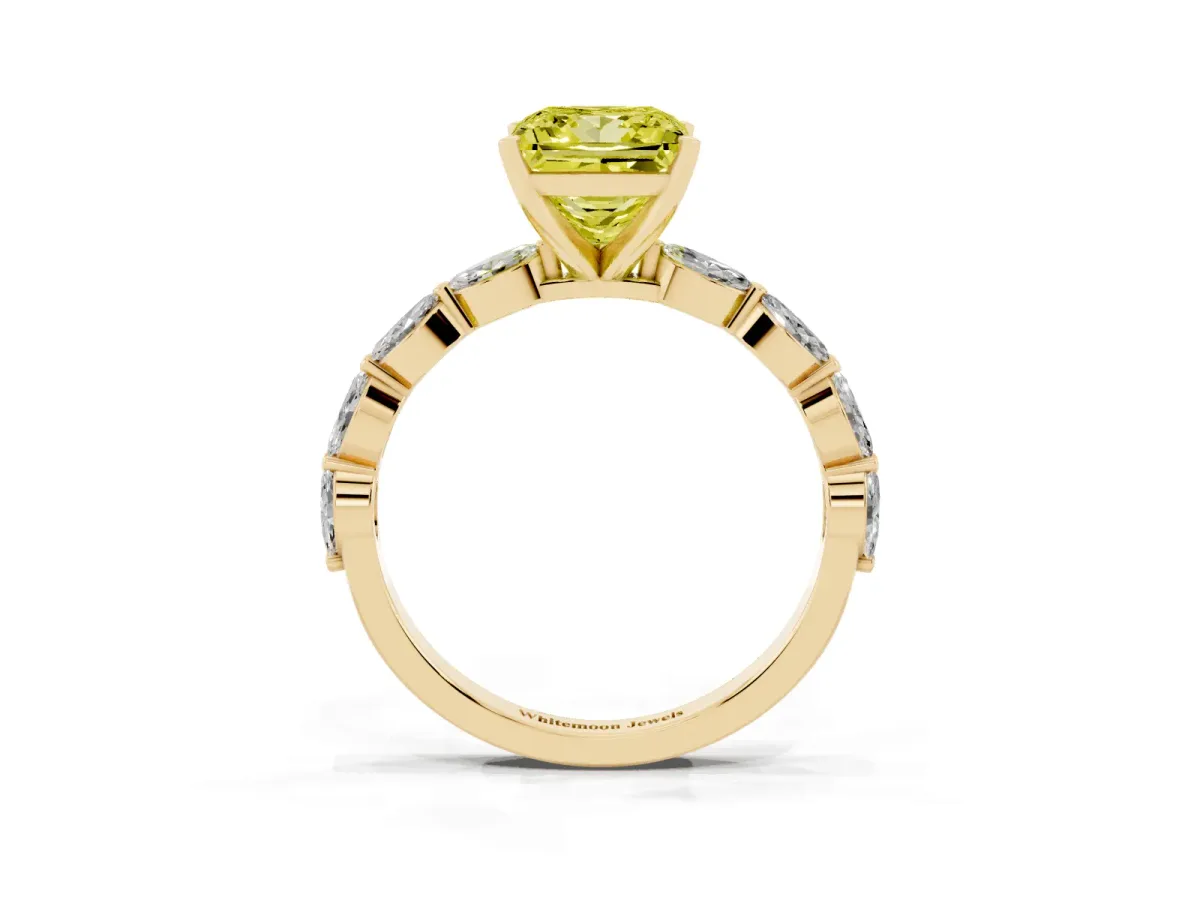 Fancy Yellow Princess Cut Diamond Ring with Marquise Side Stones and Prong Setting Yellow gold